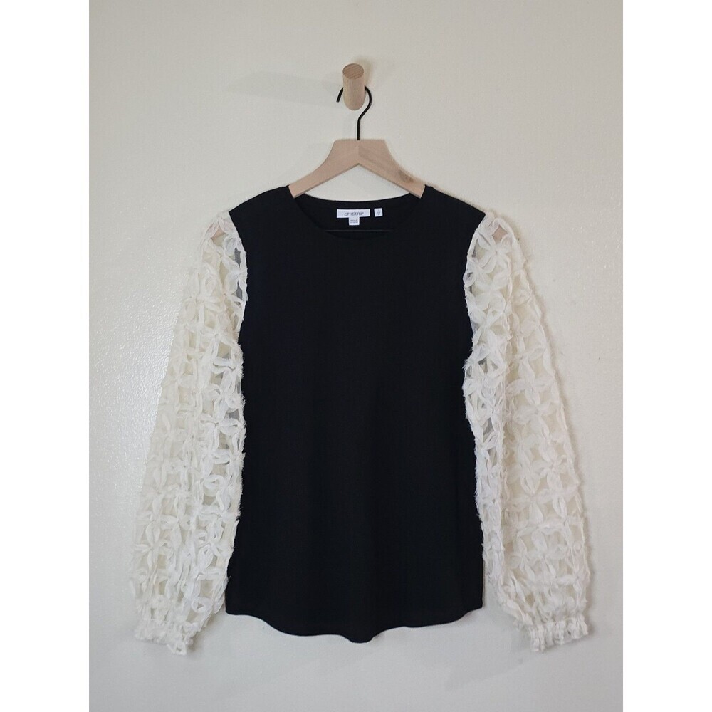Chico's Mesh Applique Sleeve Blouse Womens Size 1 Medium Black Ivory Elegant Top - Picture 2 of 13